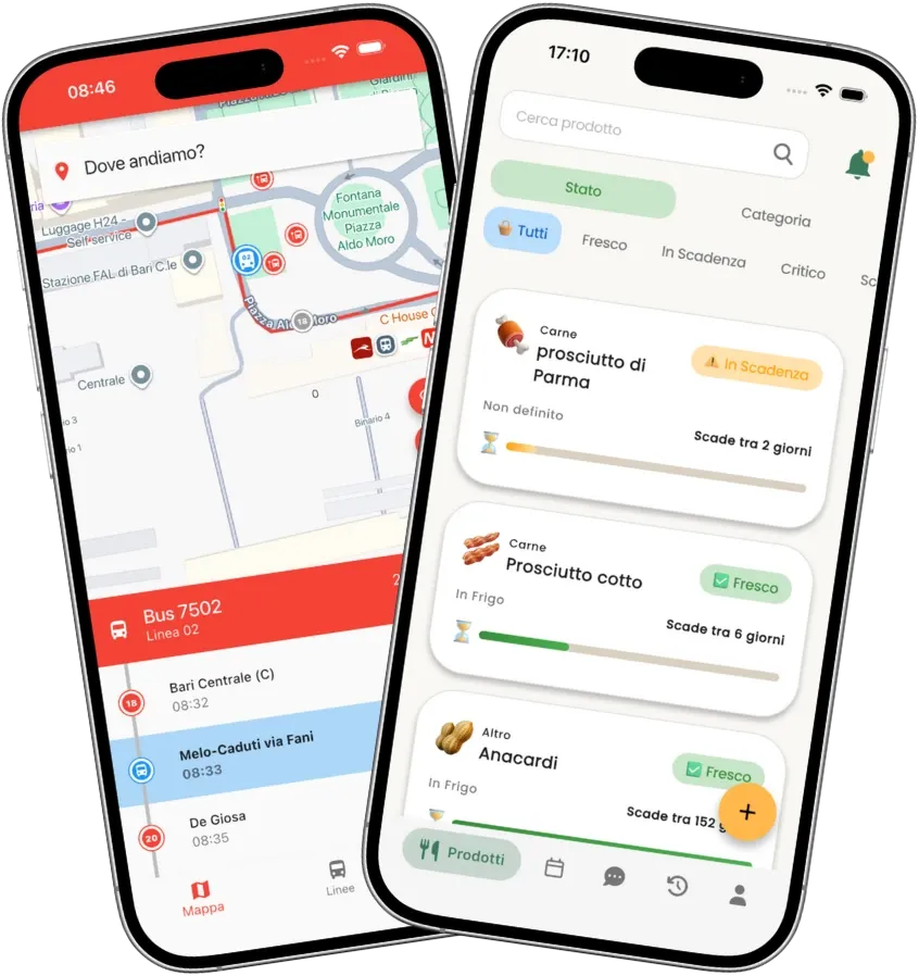 Due smartphone affiancati mostrano le schermate di un'app mobile sviluppata da Angelo Cassano